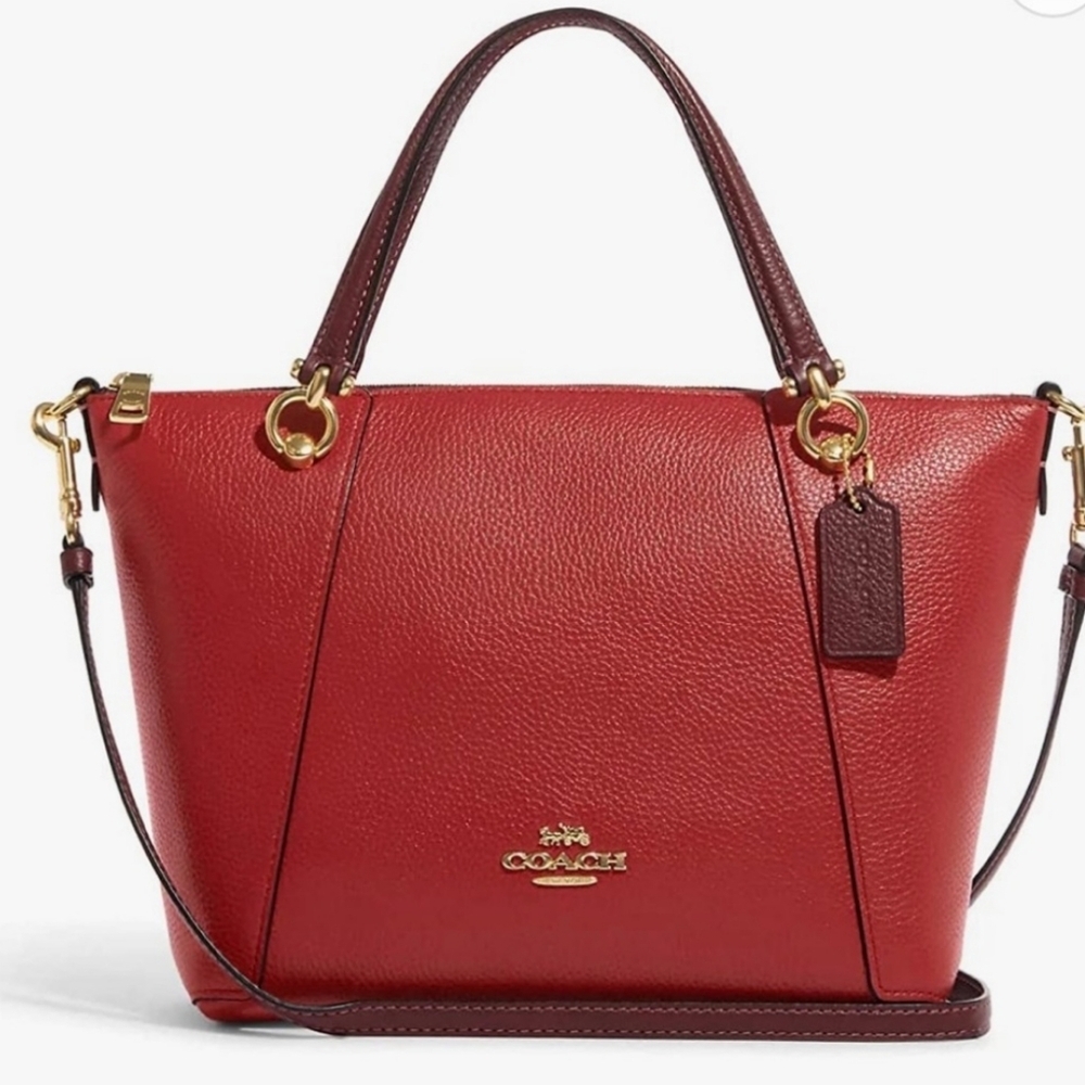 Coach Red Pebbled Leather Satchel with Dark Brown Trim and Gold Hardware